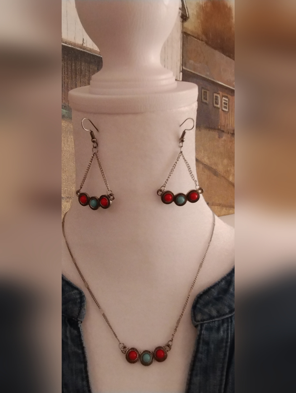 Silver-Tone Coral and Turquoise Beaded Dangle Earrings And Necklace